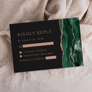 Emerald Green Rose Gold Agate Dark Wedding RSVP Card
