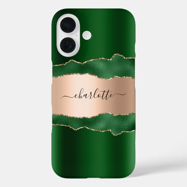 Emerald green rose gold agate marble name script Case-Mate iPhone case (Back)