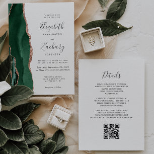 Emerald Green Rose Gold Agate White QR Wedding Invitation