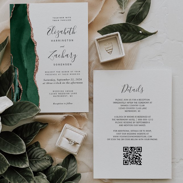Emerald Green Rose Gold Agate White QR Wedding Invitation (Creator Uploaded)