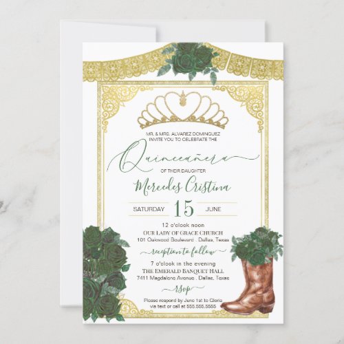 Emerald Green Rose Gold Floral Charro Quinceanera Invitation