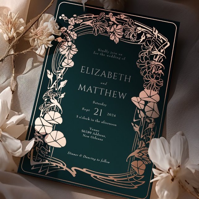 Emerald Green Rose Gold Floral Wedding Foil Invitation (Creator Uploaded)