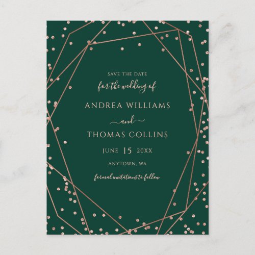 Emerald Green Rose Gold Geometric Save the Date Announcement Postcard