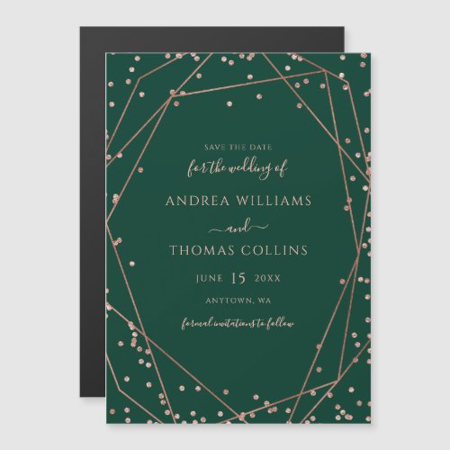 Emerald Green Rose Gold Geometric Save the Date Magnetic Invitation