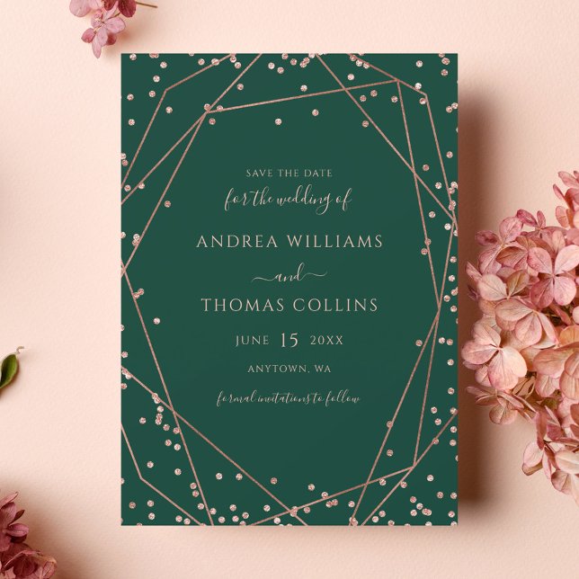 Emerald Green Rose Gold Glitter Geometric Wedding Save The Date (Creator Uploaded)