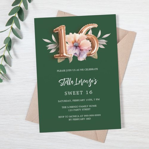 Emerald green rose gold peach floral Sweet 16 Invitation