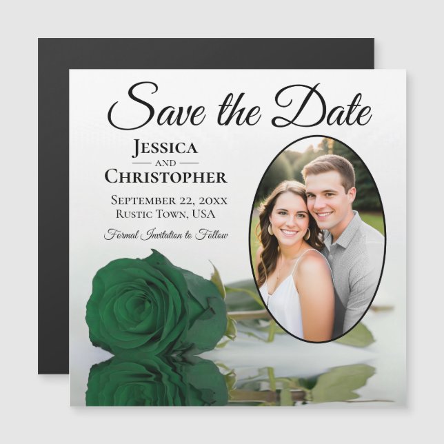 Emerald Green Rose Save The Date Photo Magnet (Front/Back)