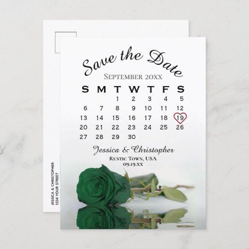 Emerald Green Rose Wedding Calendar Save the Date Announcement Postcard