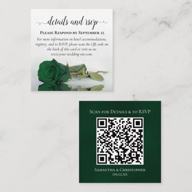 Emerald Green Rose Wedding Details & RSVP QR Code Enclosure Card (Front/Back)