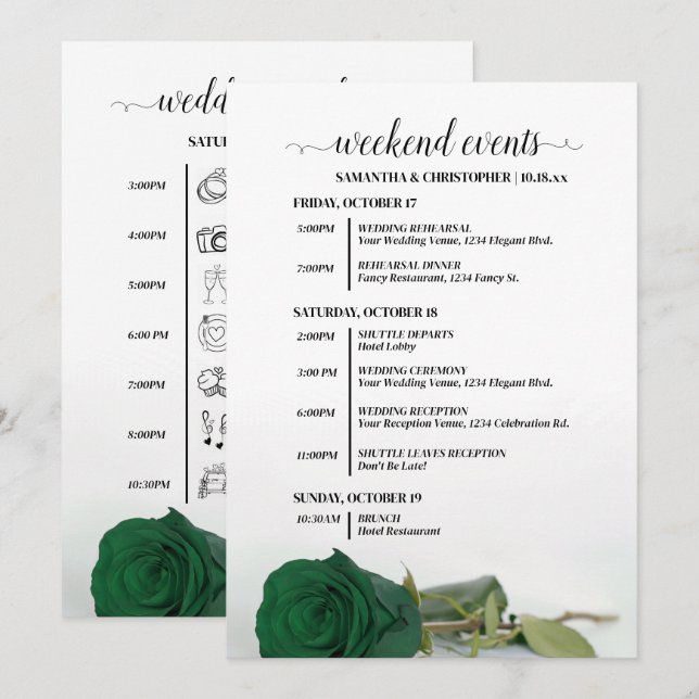 Emerald Green Rose Wedding Events & Timeline Program (Front/Back)