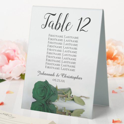 Emerald Green Rose Wedding Table Number w Names Table Tent Sign