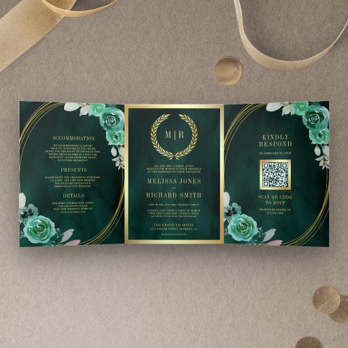 Emerald Green Roses All in One QR Code Wedding Tri_Fold Invitation