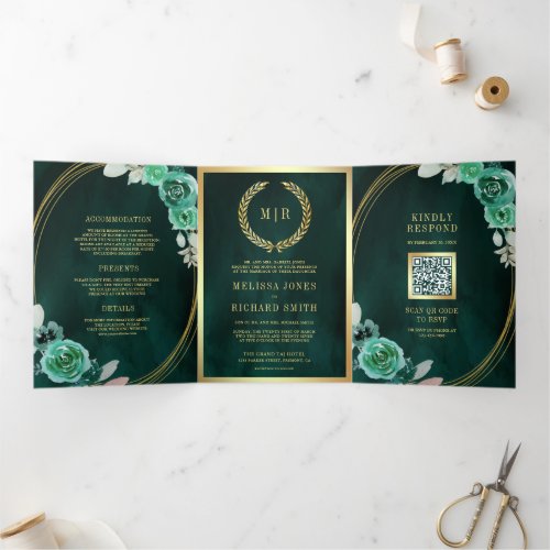 Emerald Green Roses All in One QR Code Wedding Tri_Fold Invitation