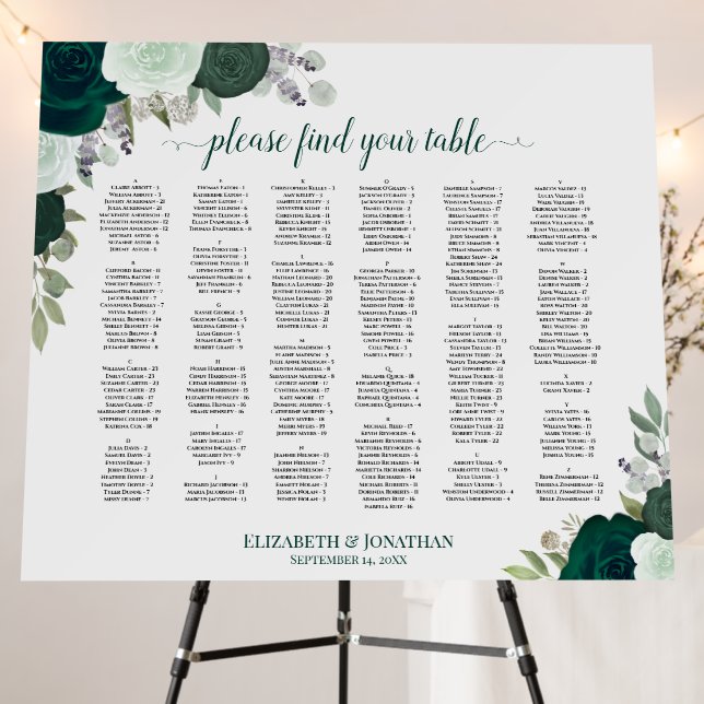 Emerald Green Roses Alphabetical Seating Chart Foam Board (In Situ (Stand))