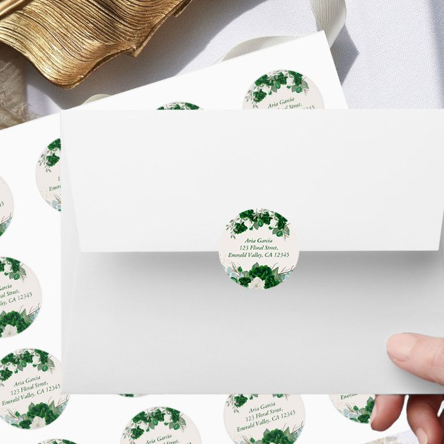 Emerald Green Roses and Eucalytus Name and Address Classic Round Sticker (Address stickers from the Royal Rose Emerald Green Quinceanera Collection by Darling & May)