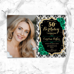 Emerald Green Roses Black Gold Photo 50th Birthday Invitation