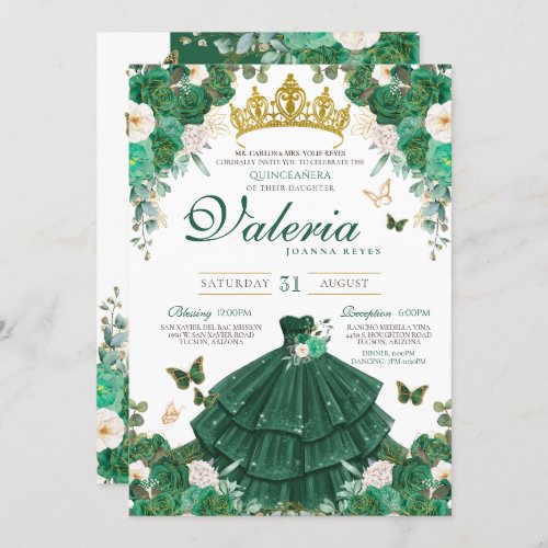 Emerald Green Roses Buttefly Princess Quinceanera Invitation