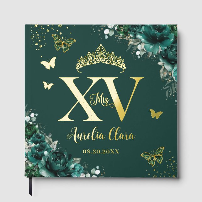 Emerald Green Roses Butterflies Gold Quinceañera  Foil Guest Book (Front)