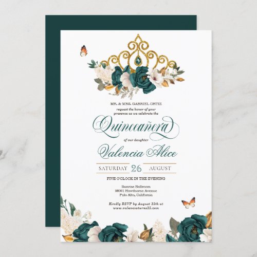 Emerald Green Roses Butterfly Tiara Quinceanera Invitation