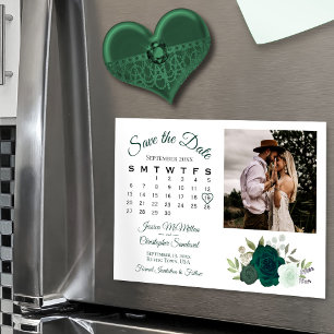 Emerald Green Roses Calendar & Photo Save the Date Magnetic Invitation