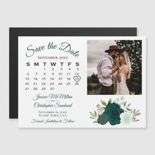 Emerald Green Roses Calendar  Photo Save the Date Magnetic Invitation