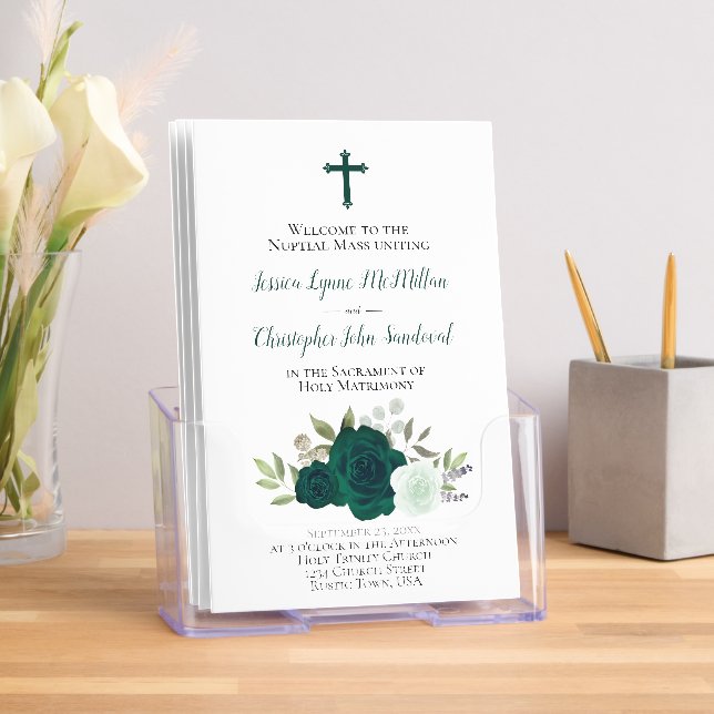 Emerald Green Roses Catholic Wedding Program Brochure (Insitu)