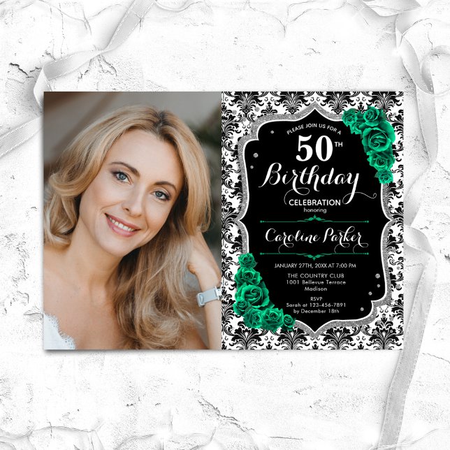Emerald Green Roses Damask Photo 50th Birthday Invitation (Creator Uploaded)
