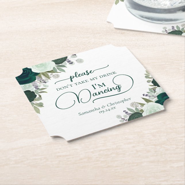 Emerald Green Roses Don't Take My Drink Wedding Paper Coaster (Angled)