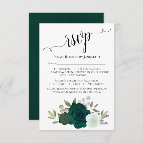 Emerald Green Roses Elegant Boho Chic Wedding RSVP Card