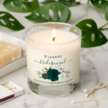 Emerald Green Roses Elegant Bridesmaid Gift Scented Candle<br><div class="desc">These beautiful scented candles are a wonderful way to thank your bridesmaids for being part of your wedding party. They feature a lovely boho chic floral design with a cluster of hand painted watercolor roses in shades of emerald green and sage, surrounded by sprigs of eucalyptus leaves and garden greenery....</div>