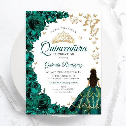 Emerald Green Roses Floral Gold White Quinceanera Invitation