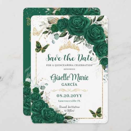 Emerald Green Roses Floral Quinceaera Butterflies Save The Date