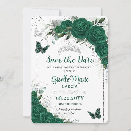 Emerald Green Roses Floral Quinceaera Butterflies Save The Date