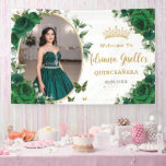 Emerald Green Roses Floral Quinceañera Photo Banner<br><div class="desc">Coordinate your party with this elegant personalized Emerald Green Roses Floral Backdrop Banner! Personalize it easily and quickly, simply click the Edit Using Design Tools button to further edit the text, change font styles and font colors. Featuring beautiful vibrant emerald green roses, a space to place your picture and green...</div>