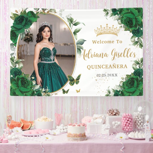 Emerald Green Roses Floral Quinceañera Photo Banner (Party)