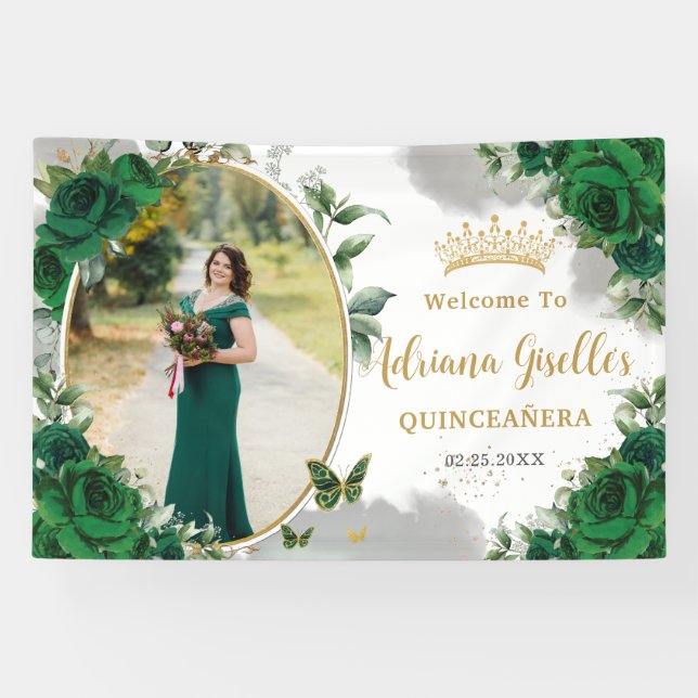 Emerald Green Roses Floral Quinceañera Photo Banner (Horizontal)