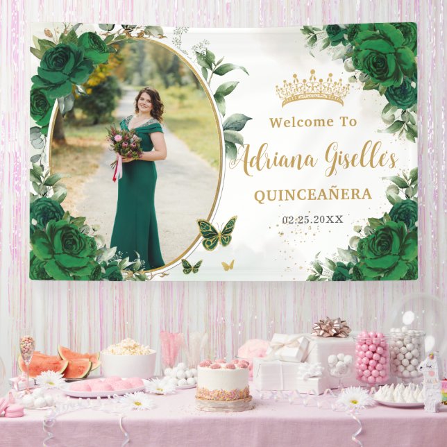 Emerald Green Roses Floral Quinceañera Photo Banner (Party)