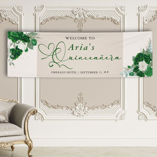 Emerald Green Roses Floral Quinceanera Welcome Banner