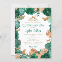 Emerald Green Roses Gold Butterflies Quinceañera  Invitation