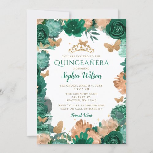 Emerald Green Roses Gold Butterflies Quinceaera  Invitation