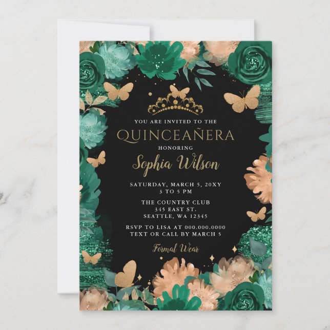 Emerald Green Roses Gold Butterflies Quinceañera  Invitation (Front)