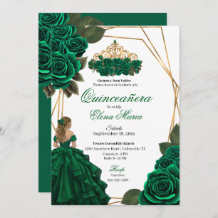 Emerald Green Roses Gold Quinceañera Invitation