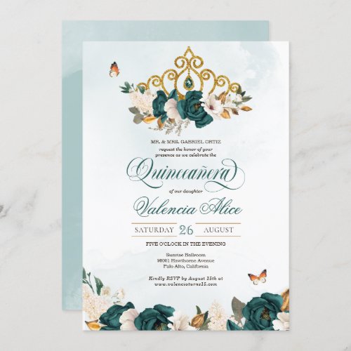 Emerald Green Roses Gold Tiara Butterfly Quince Invitation