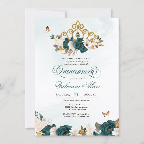 Emerald Green Roses Gold Tiara Butterfly Quince Invitation