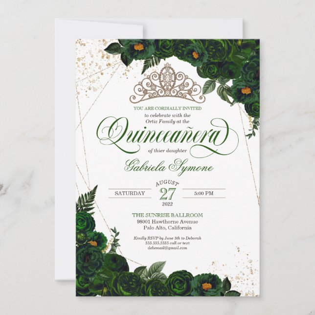 Emerald Green Roses Gold Tiara Elegant Quinceañera Invitation (Front)
