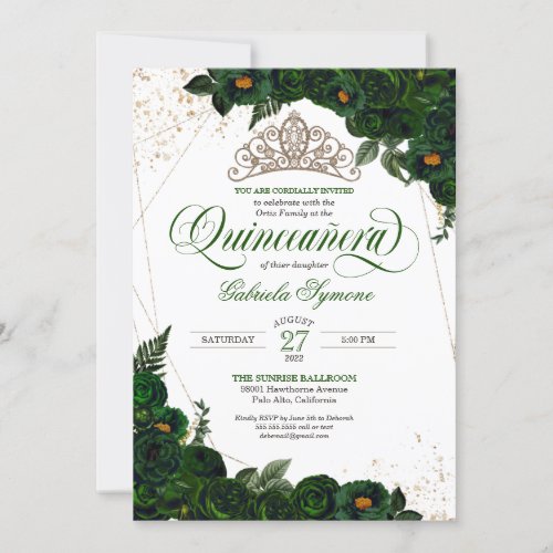 Emerald Green Roses Gold Tiara Elegant Quinceaera Invitation