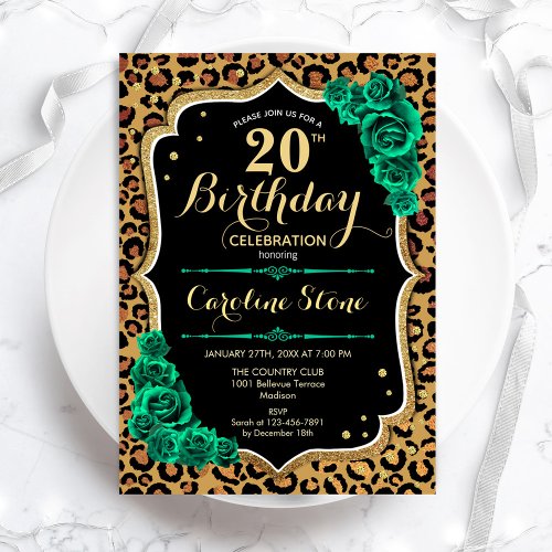 Emerald Green Roses Leopard Print 20th Birthday Invitation