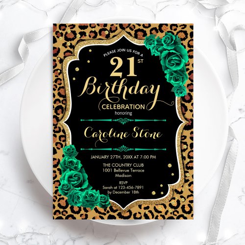 Emerald Green Roses Leopard Print 21st Birthday Invitation