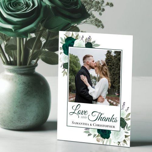 Emerald Green Roses Love  Thanks Wedding Photo Thank You Card