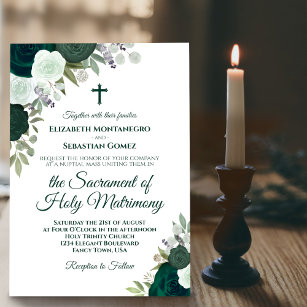 Emerald Green Roses Modern Catholic Wedding Invitation